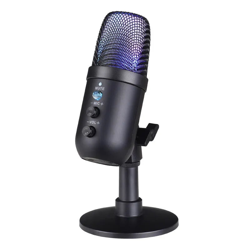 Black USB microphone with RGB lighting for computers and mobile phones.