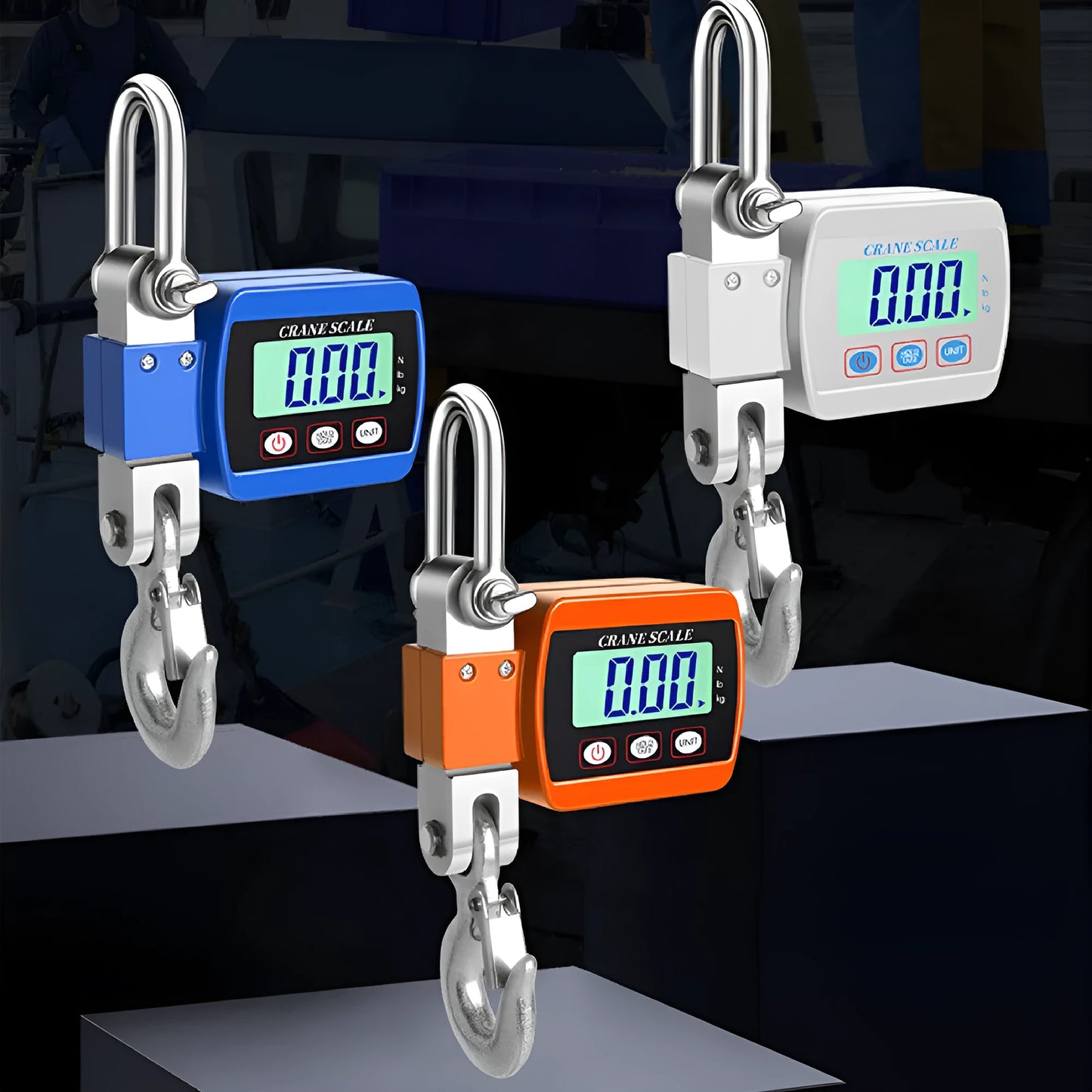 Electronic hook scale with digital LCD display showing weight measurement, available in blue, orange, or white colours