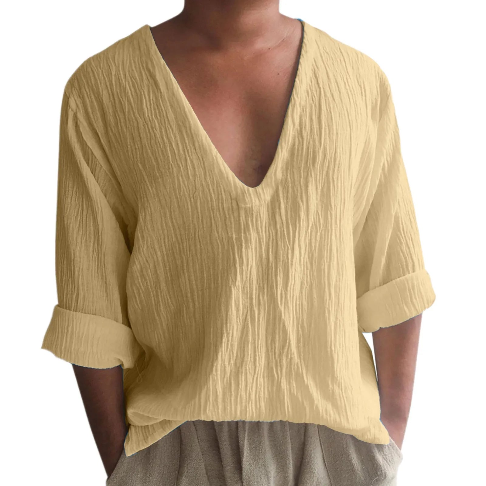 Men's long sleeve V-neck t-shirt in washed cotton, shown in a solid colour.