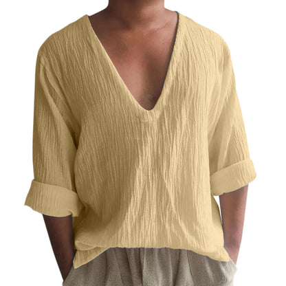 Men's long sleeve V-neck t-shirt in washed cotton, shown in a solid colour.