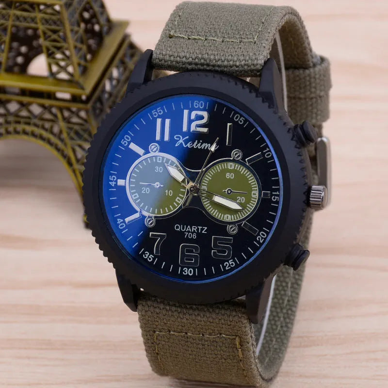 Men's fashion wristwatch with cloth band, 48mm dial, and zinc alloy case