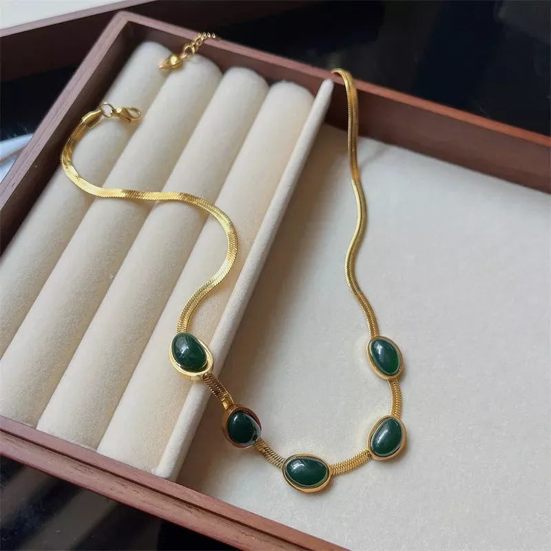 Boho green stone crystal snake chain multilayer necklace and bracelet set for women