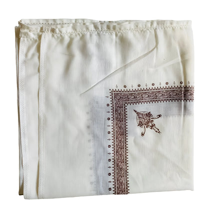 Printed square polyester scarf showing 138 cm dimensions with colour options including brown, grey, green, purple, magenta and dark blue