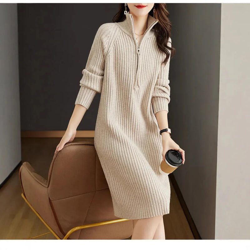 Woolen skirt, half-zip design with a stand collar, loose casual long sleeves, straight mid-length dress in a free size. Offered in solid beige, khaki, yellow, black, or grey shades for a Japanese-Korean casual style.
