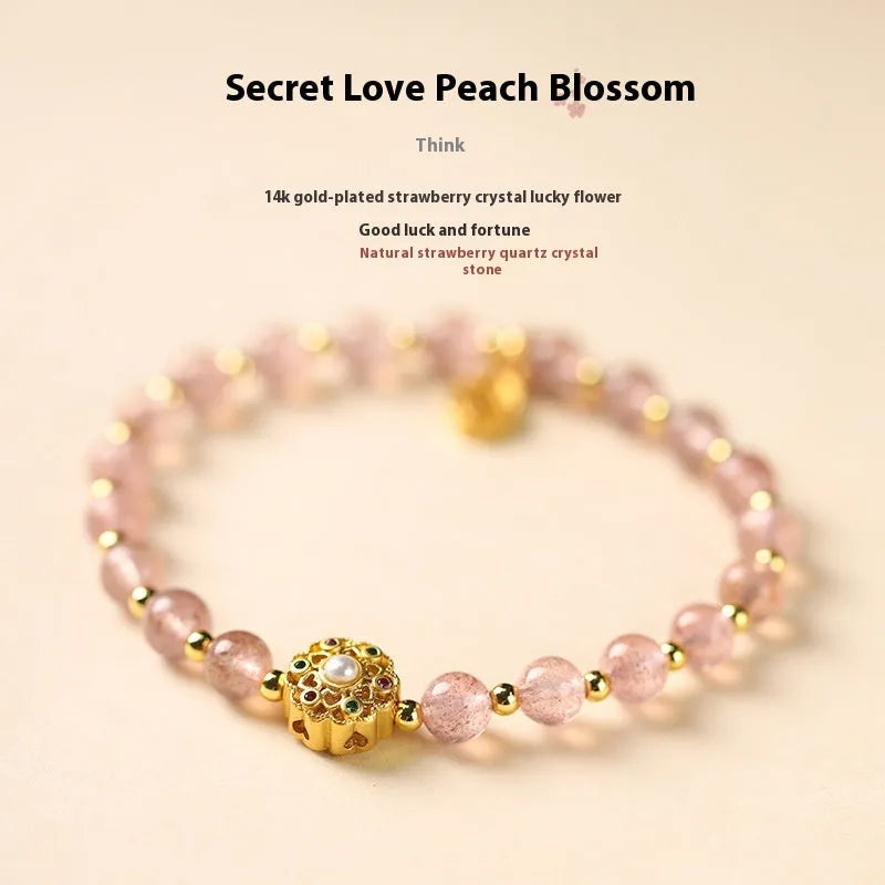 Gray Moonstone Fairy Lucky Bracelet hand-woven from Crystal with 6mm beads featuring Sunstone, Strawberry Quartz, and pastoral style Peach Blossom design for luck and charm jewellery