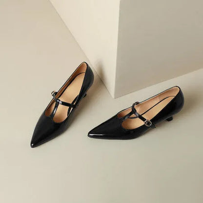 Women's black leather high heel shoes with a square toe and a 6-8cm heel.