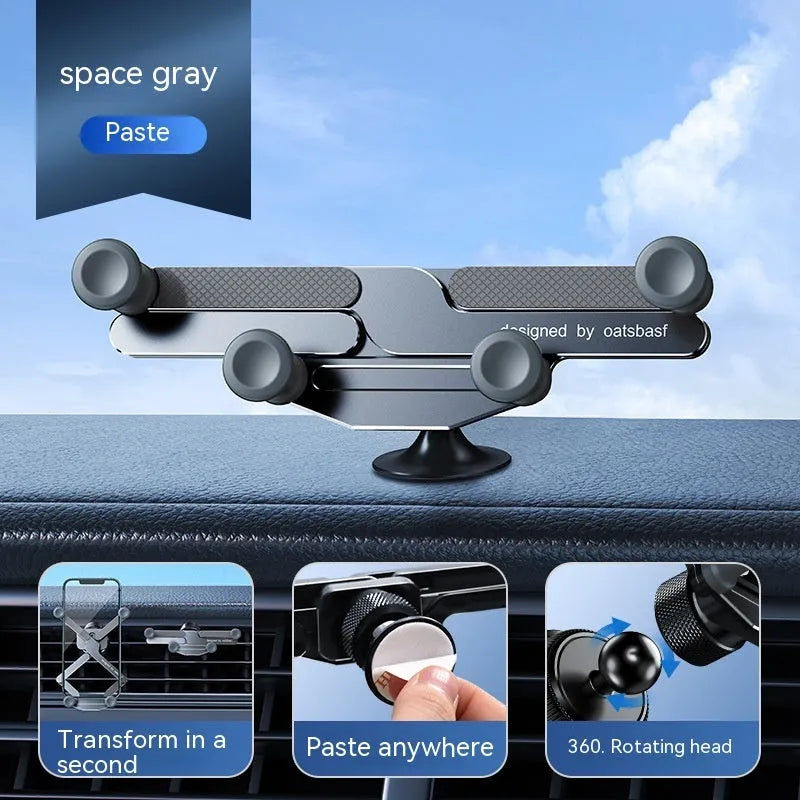 Aluminium alloy car mobile phone holder showing snap-on air vent clip and adhesive dashboard mount versions in black colour.