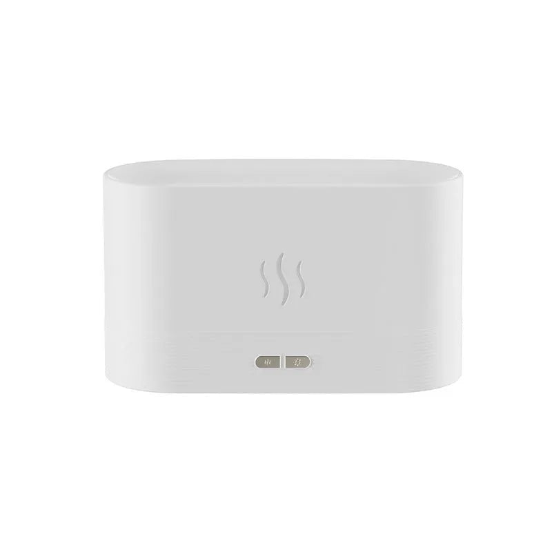 Black square ultrasonic aroma diffuser with flame light effect and mist output.