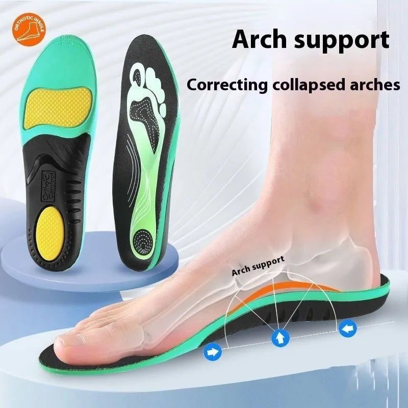 Blue and green flat foot correction insoles with PU construction for arch support