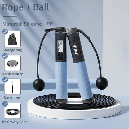 Digital counter jumping rope with adjustable length and silicone grips in black, blue, or pink colours