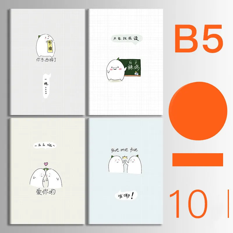 Pack of ten A5 kraft paper thread-bound notebooks with artistic cover designs lying flat.