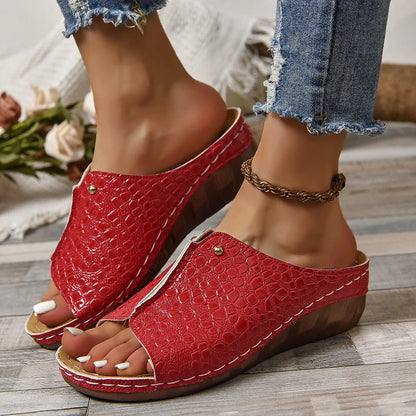 Stylish crocodile-embossed wedge sandals for women in various colors and sizes
