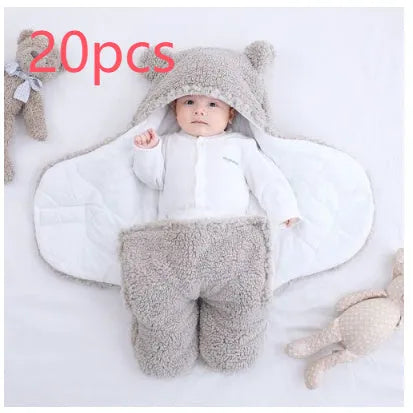 Baby quilted sleeping bag wrapper in cotton blend fabric showing size and colour options