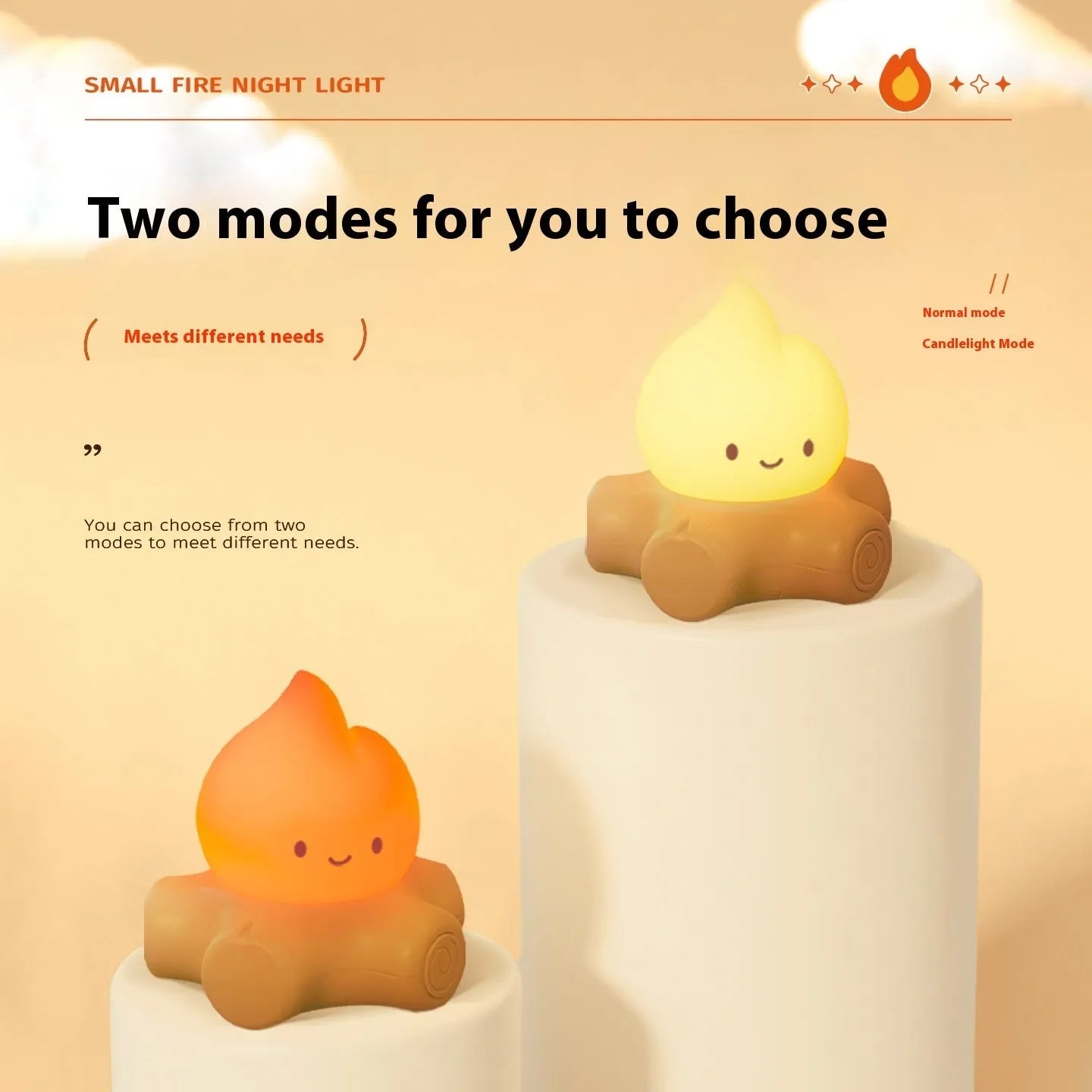 Small cartoon style night lamp with silicone fire pile design and ABS shade