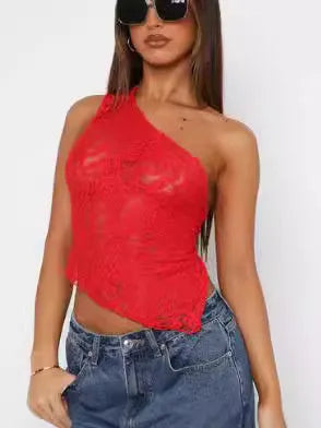 Women's backless lace vest top with asymmetrical neckline in solid colour.