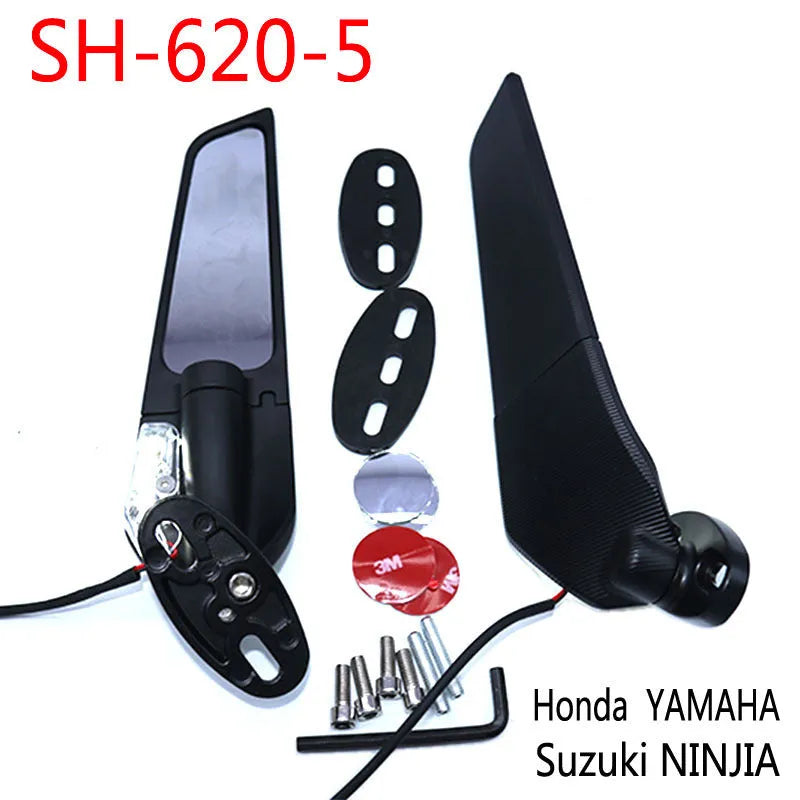 Motorcycle spoiler rearview mirror reflector with yellow light, aluminium alloy housing, and convex glass lens