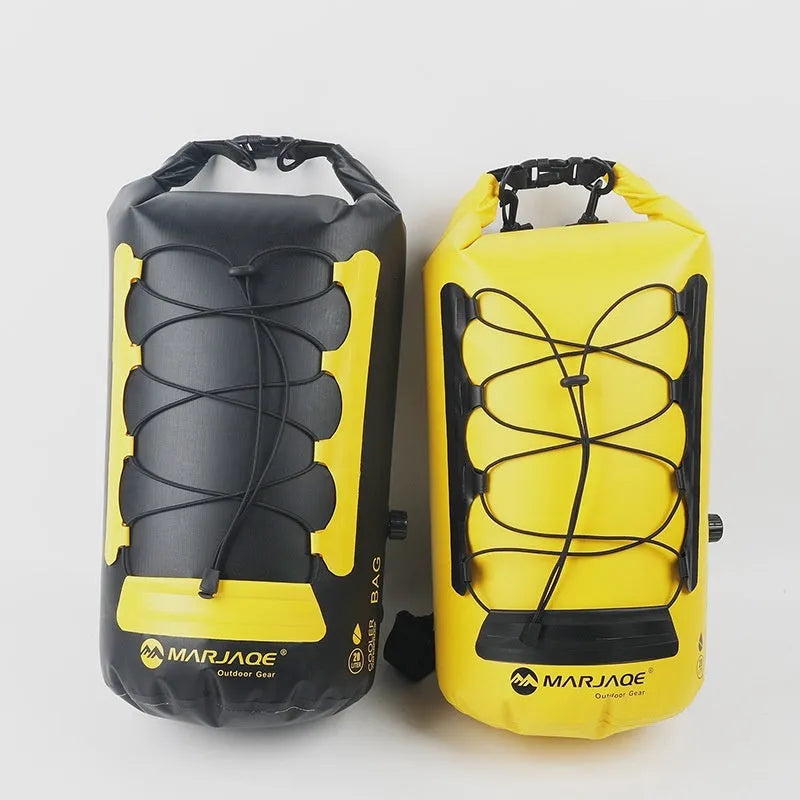 Yellow and black 20-litre PVC waterproof camping backpack with dry wet separation compartments.