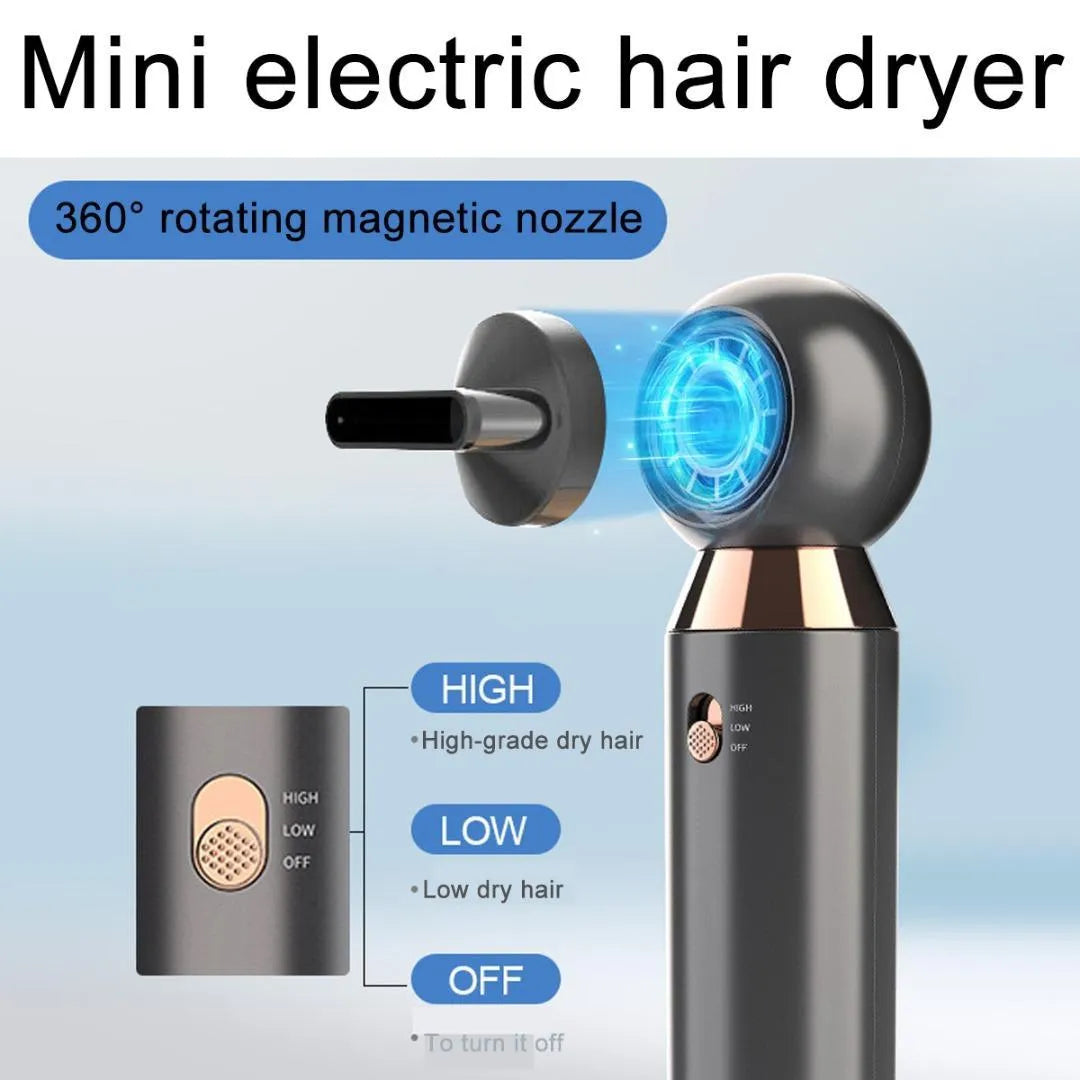 Compact leafless hair dryer with diffuser accessory, measuring 20cm with 800w power and ionic technology