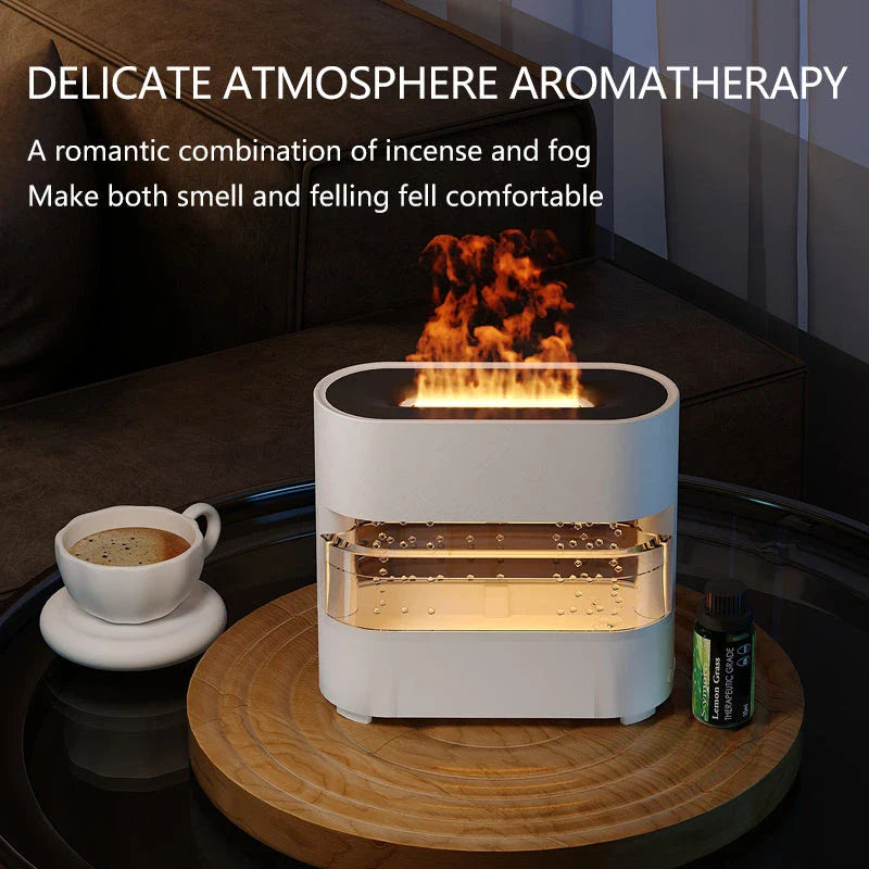 Premium Aroma Diffuser with realistic flame, rain simulation, and customizable LED lights for a relaxing atmosphere