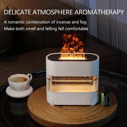 Premium Aroma Diffuser with realistic flame, rain simulation, and customizable LED lights for a relaxing atmosphere