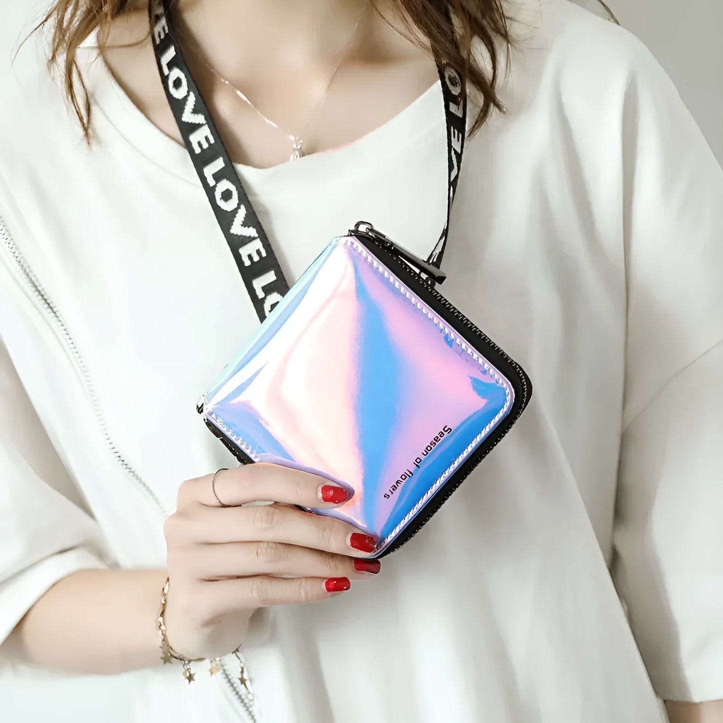 Short folding Korean-style women's wallet in PU leather showing three colour options: crystal blue, magic nail glitter, symphony green