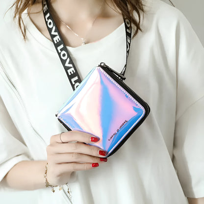 Short folding Korean-style women's wallet in PU leather showing three colour options: crystal blue, magic nail glitter, symphony green