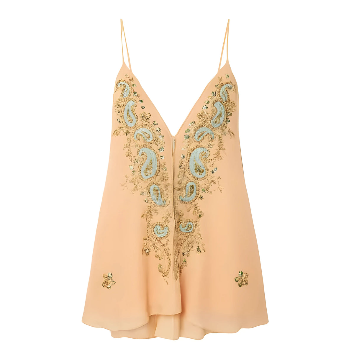Light yellow ethnic print V-neck strap sleeveless skirt on hanger