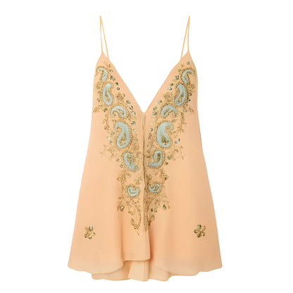 Light yellow ethnic print V-neck strap sleeveless skirt on hanger