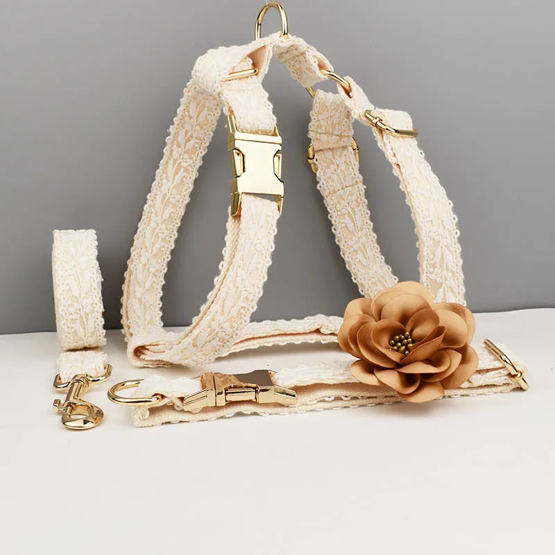 Polyester dog wedding vest collar and leash set with decorative flower and circle band in four size options