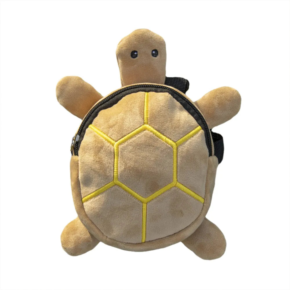 Brown cartoon turtle-shaped dog backpack with no-pull vest harness and metal zipper.