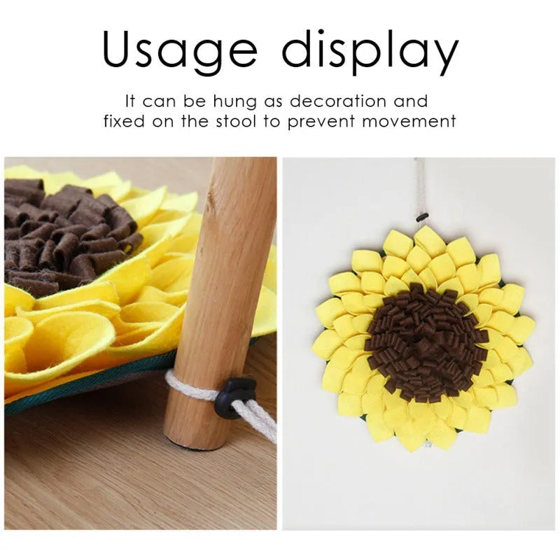 Yellow sunflower snuffle mat for dogs with rope and buckle attachment