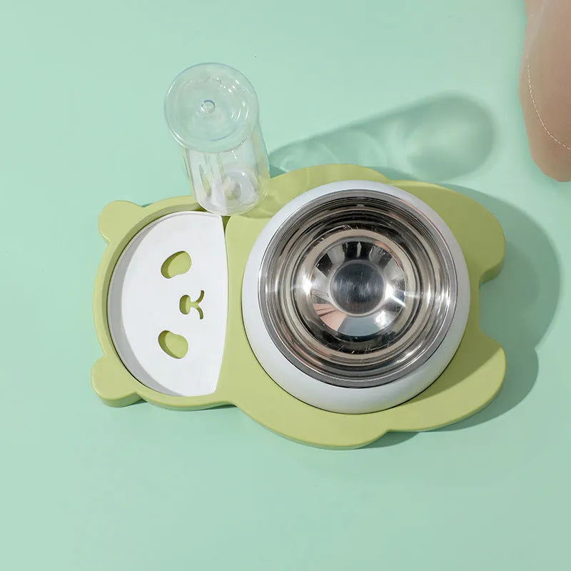 Grey panda-shaped tilted pet feeder with food bowl, water bowl, and a 17oz water bottle attached.