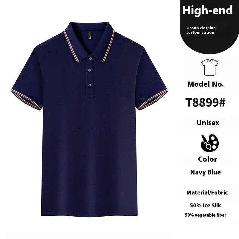 Solid colour Ice Silk polo shirt for work and casual wear in various colours on a hanger.