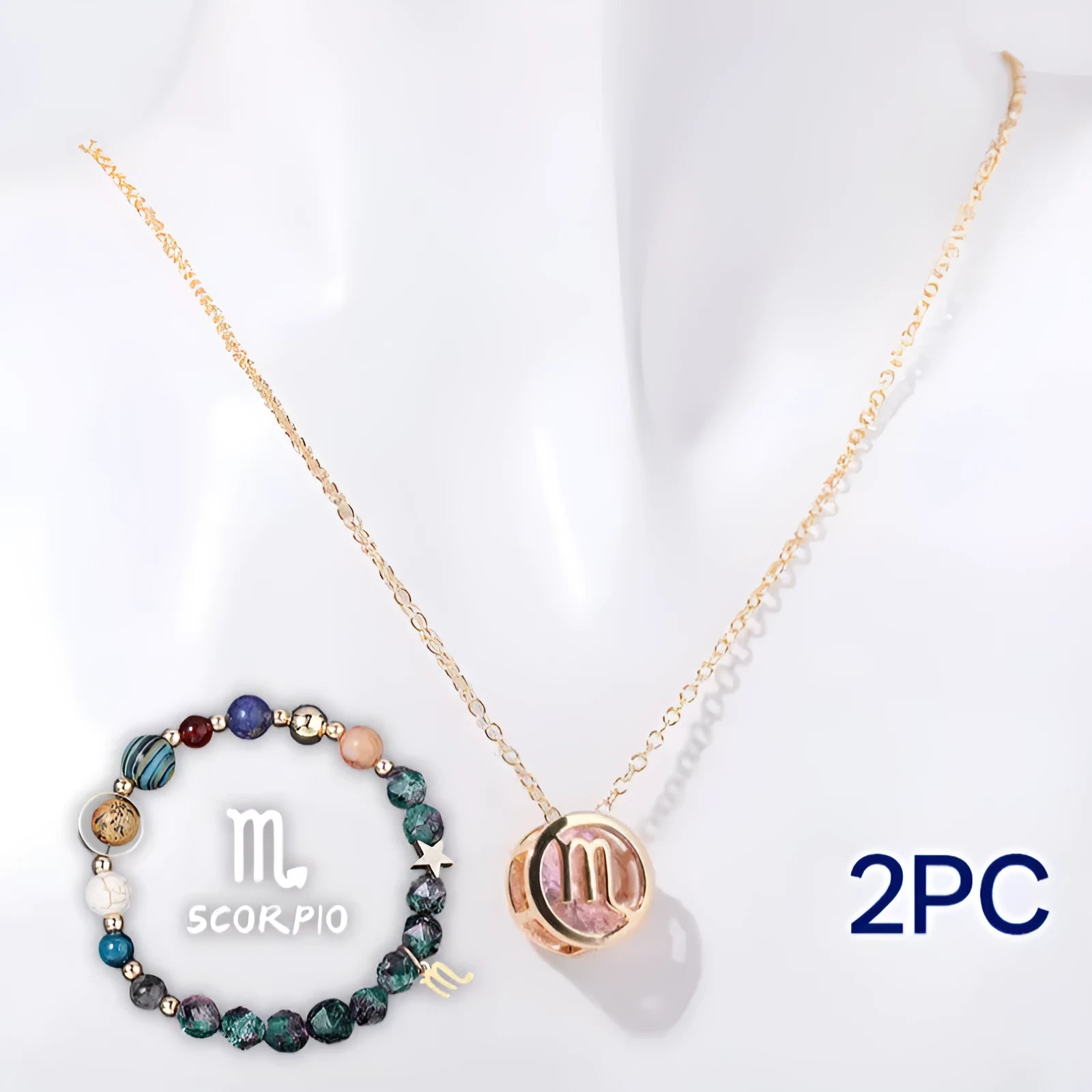 Natural stone beaded necklace and bracelet jewellery set showing 55cm length and 6mm bead size
