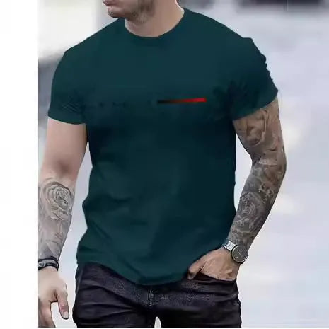 Men's slim fit 3D printed mesh top in a light colour on a hanger, showing short sleeves and patterned fabric.