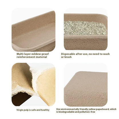 Brown disposable biodegradable cat litter box shown in three different size options