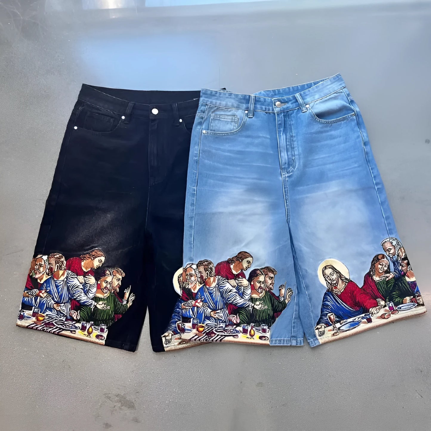 Blue tapered cotton shorts with Jesus print on back pocket