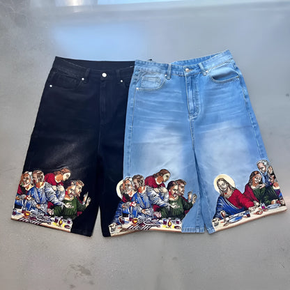 Blue tapered cotton shorts with Jesus print on back pocket