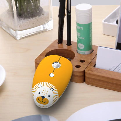 Wireless cartoon animal mini mouse showing compact dimensions and colourful design options including yellow tiger and blue rabbit variations