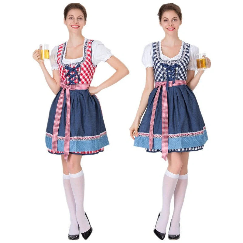 Bavarian Traditional Beer Dress in red with white apron, showcasing cultural authenticity and comfort.