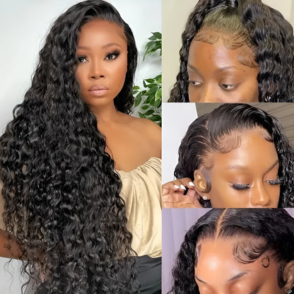 Front lace wig with small curly synthetic hair in a long length and dark colour, showing side bangs.