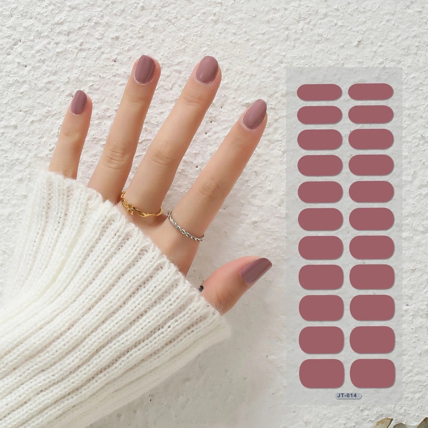 Semi-curing gel nail stickers sheet showing 22 solid colour designs including roses, tulips, and geometric patterns
