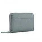 Genuine leather zipper coin purse in a solid colour showing sewing line detail.