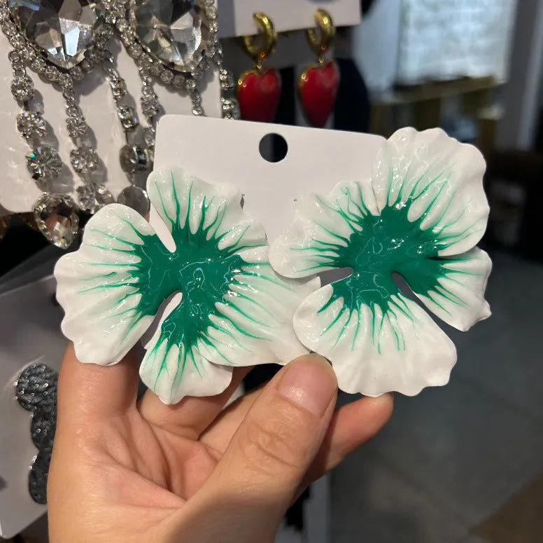 Alloy flower stud earrings with oil-spot glaze electroplating in blue, green, purple, and rose colour options