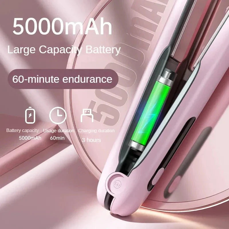 Cordless hair straightener and curler with ceramic plates, 4 heat settings, and 5000mAh rechargeable battery for on-the-go styling