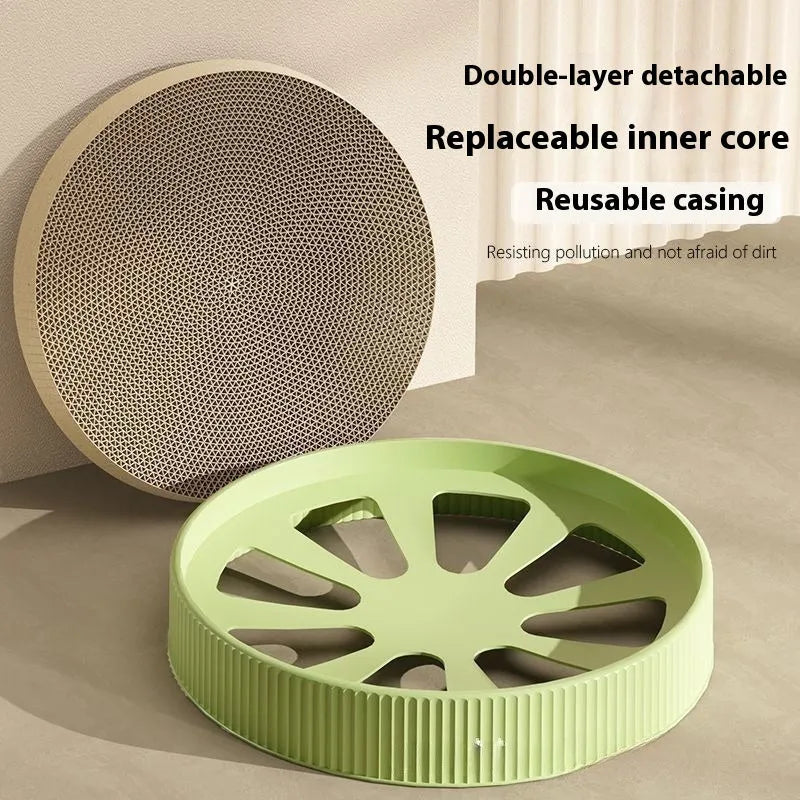 55cm round cat scratching board with replaceable corrugated paper surface in green colour