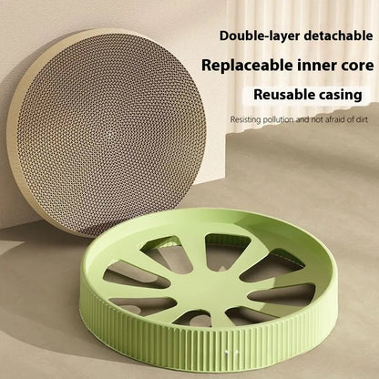55cm round cat scratching board with replaceable corrugated paper surface in green colour