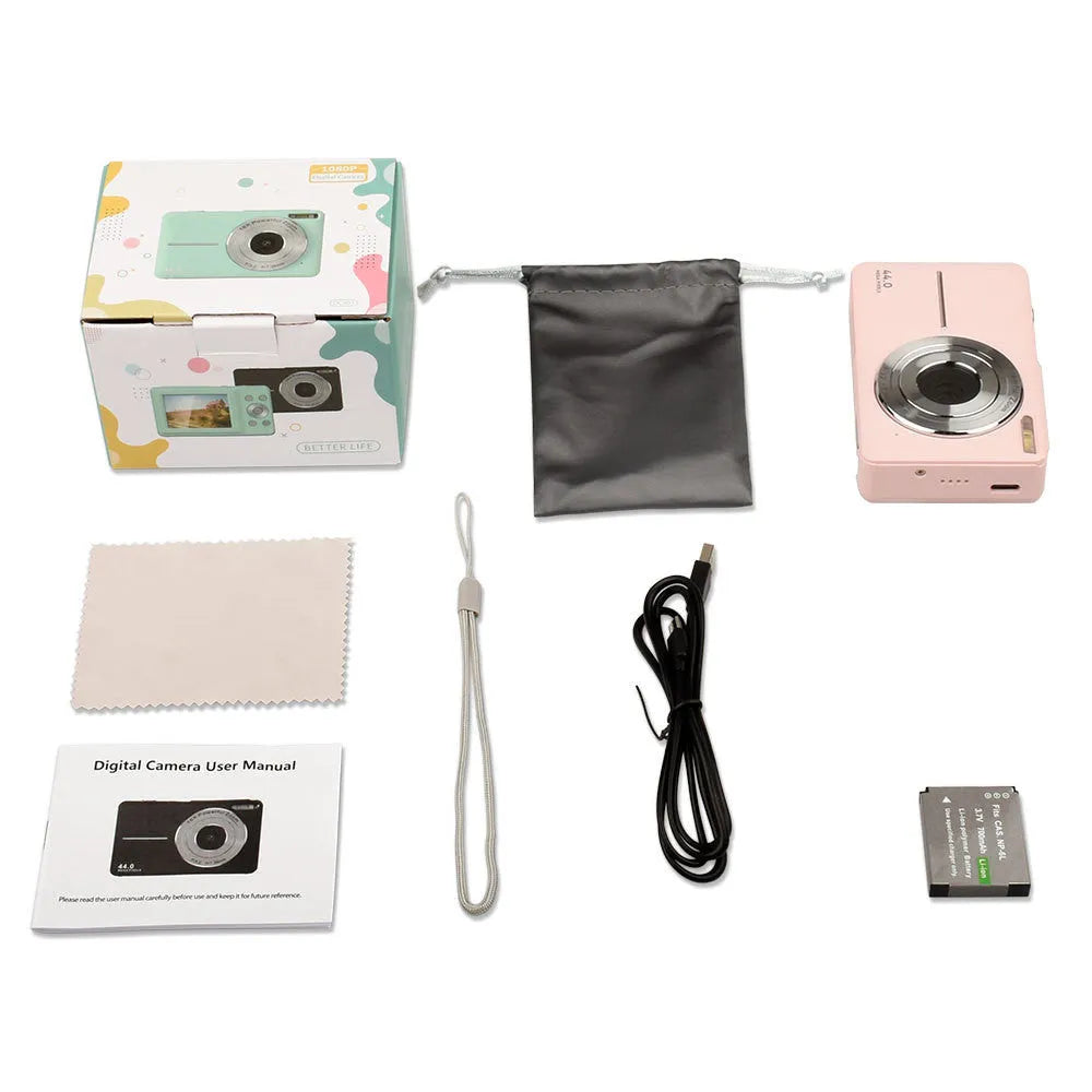 Colourful children's mini digital camera with large screen, showing black, pink and green options with lanyard.
