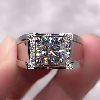 Men's adjustable copper finger ring with electroplated MJ-38 white gold finish and geometric hexagon pattern.