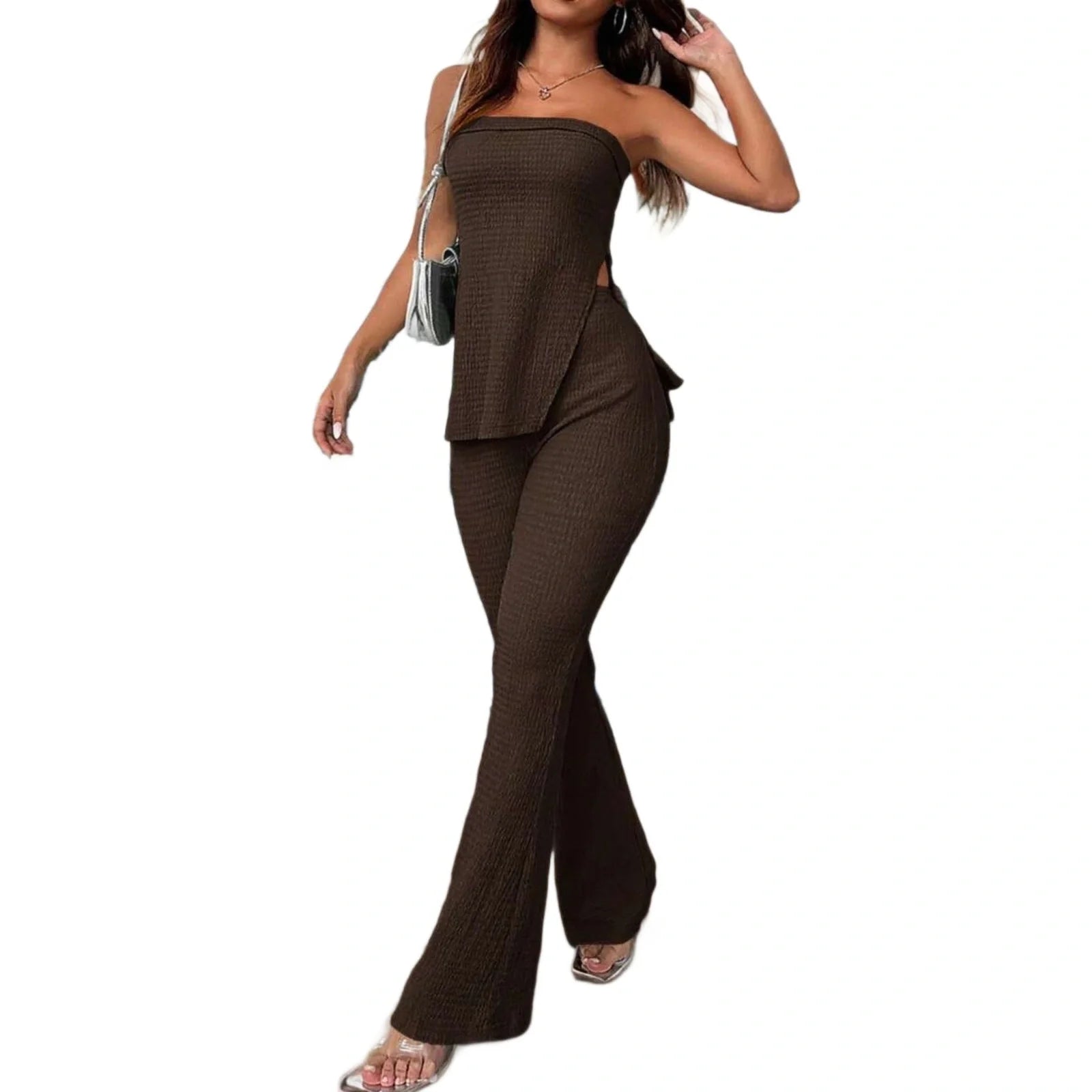 Brown sleeveless top and bell-bottom trousers women's suit set on hanger